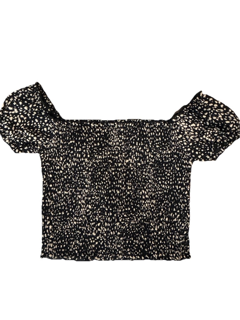 Francesca’s Black and White Smocked Off-Shoulder Puff Sleeve Top